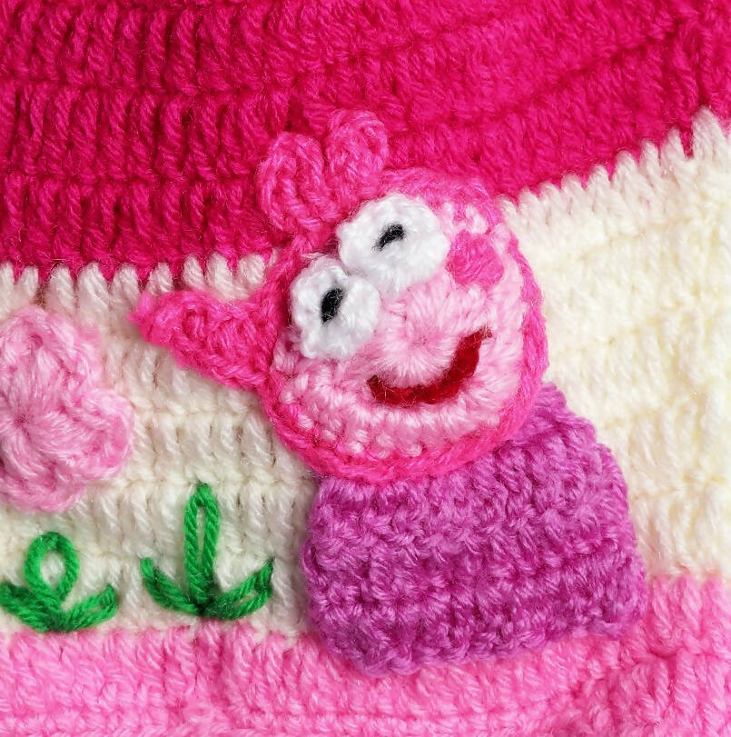 Chutput Kids Woollen Hand Knitted Flower And Animal Detailed Cap - Pink - Distacart