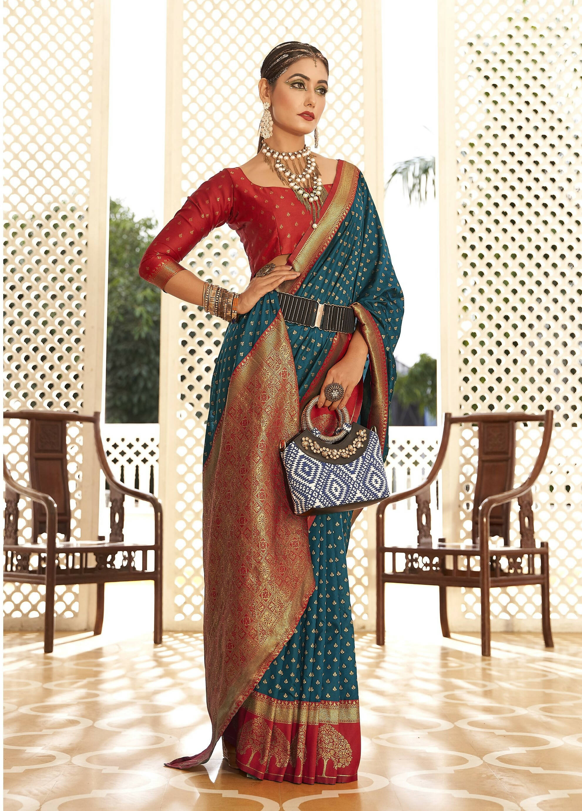 Teal Soft Banarasi Paithani Copper Zari Weaving Saree With Unstitched Blouse Piece - Jodha - Distacart