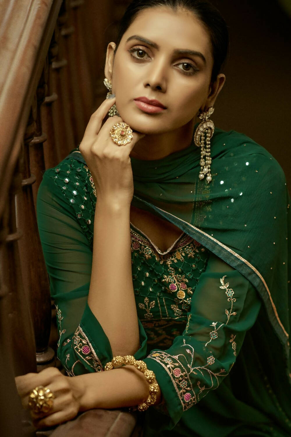 Green Heavy Faux Georgette Anarkali Embroidered Kurta Set - Dhvani - Distacart