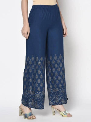 Aniyah Rayon Blue Color Gold Print Flared Slip-On Palazzo (AN-209K)