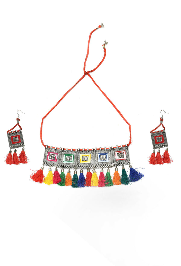 Mominos Fashion Johar Kamal Oxidised Silver-Plated Brass Finish Tassel Work Handicraft Choker For Women (Multi) - Distacart