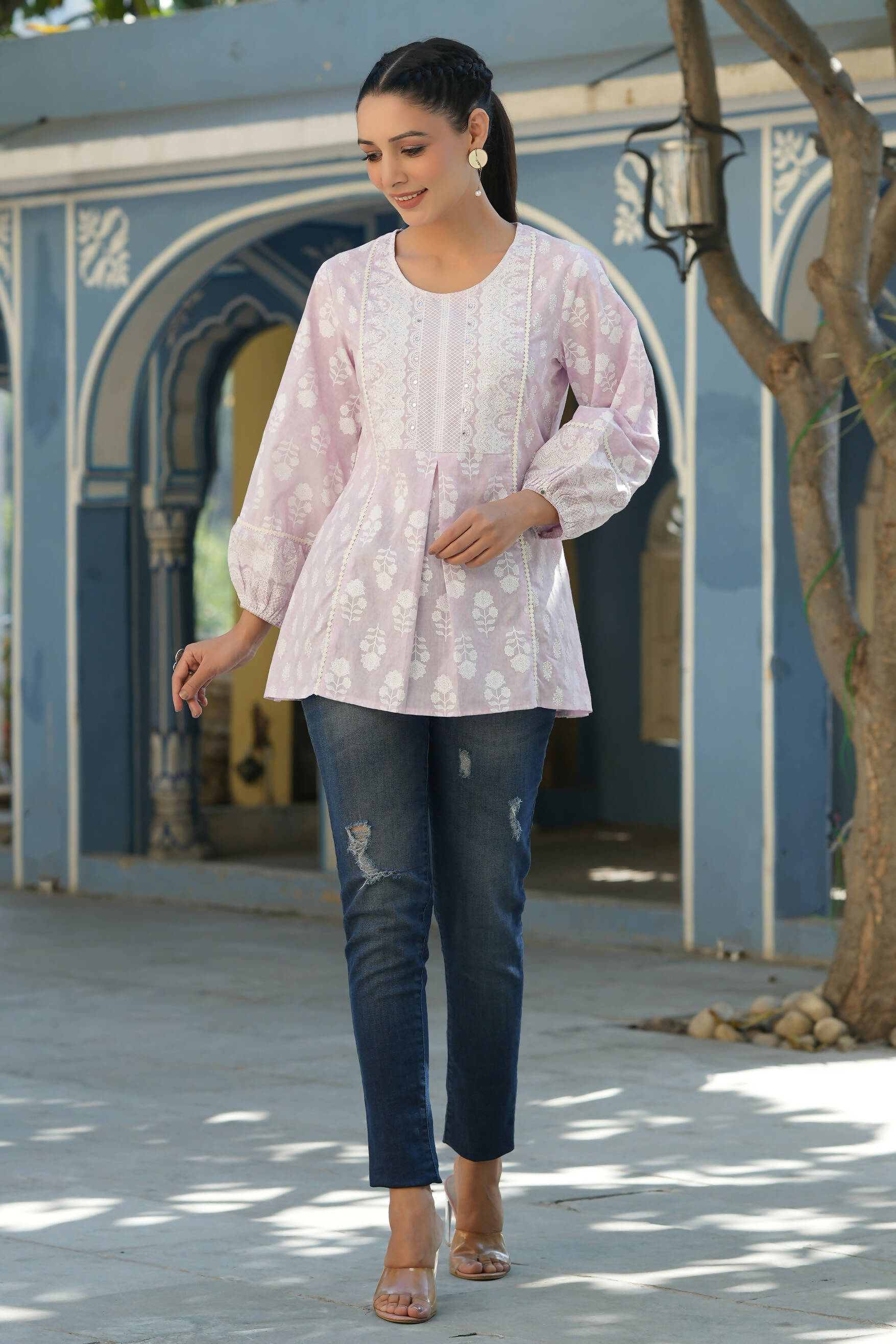 Juniper Women's Lavender Cambric Placement Floral Printed Tunic - Distacart