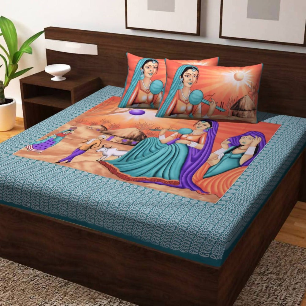Vamika Printed Cotton Veena Firozi Green Bedsheet With Pillow Covers