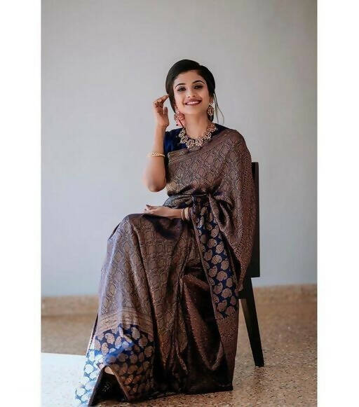DEIANA'S Beautiful Golden Jari with New Design Soft Lichi Silk Saree - Blue - Distacart