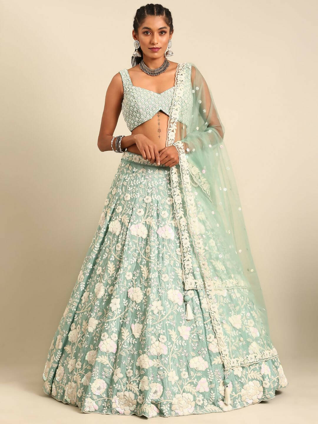 House of Panchhi Sea Green Chinon Sequins and Zarkan embroidery Lehenga choli & Dupatta - Distacart