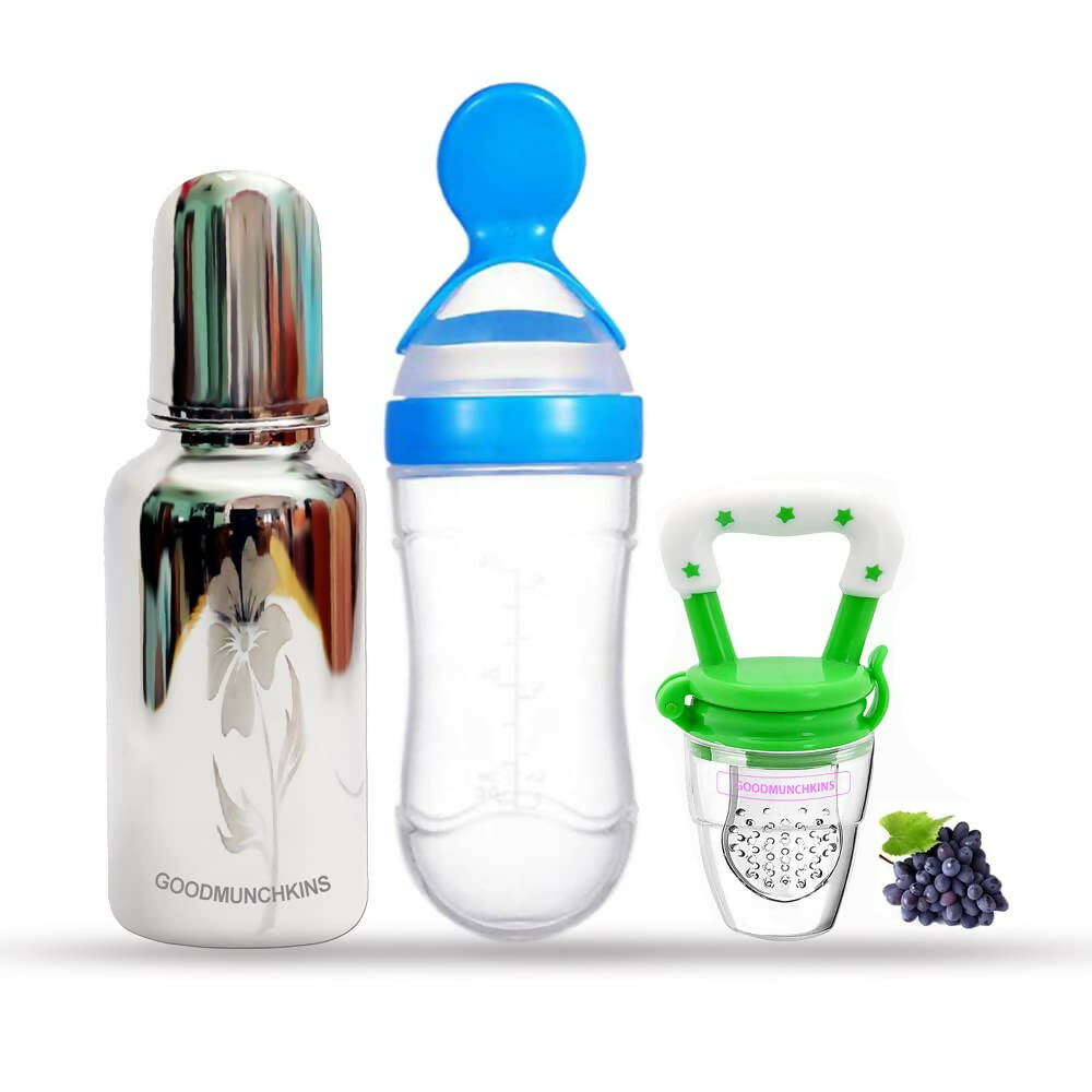 Goodmunchkins Stainless Steel Feeding Bottle, Food Feeder & Fruit Feeder Combo for Baby-(Blue-Green, 220ml) - Distacart