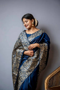 Thumbnail for Vishnu Weaves Women's Blue Handloom Raw Silk Woven Border Saree with Unstitched Blouse - Distacart