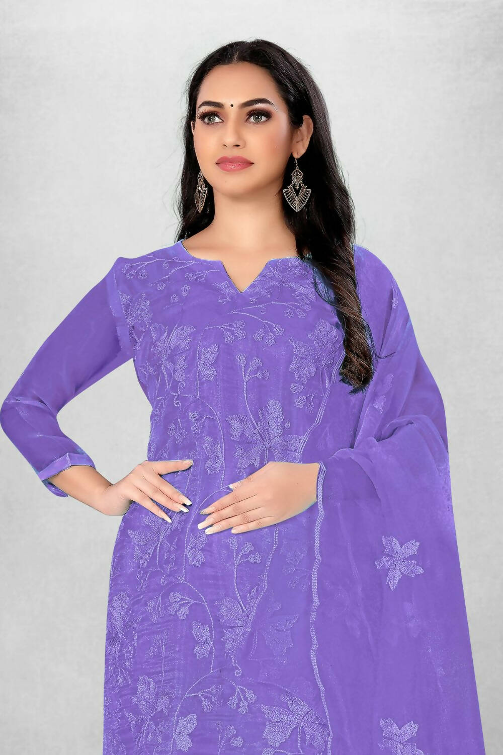 Lavender Heavy Organza Silk Embroidered Unstitched Dress Material - Amara - Distacart