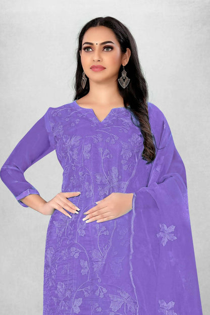Lavender Heavy Organza Silk Embroidered Unstitched Dress Material - Amara - Distacart