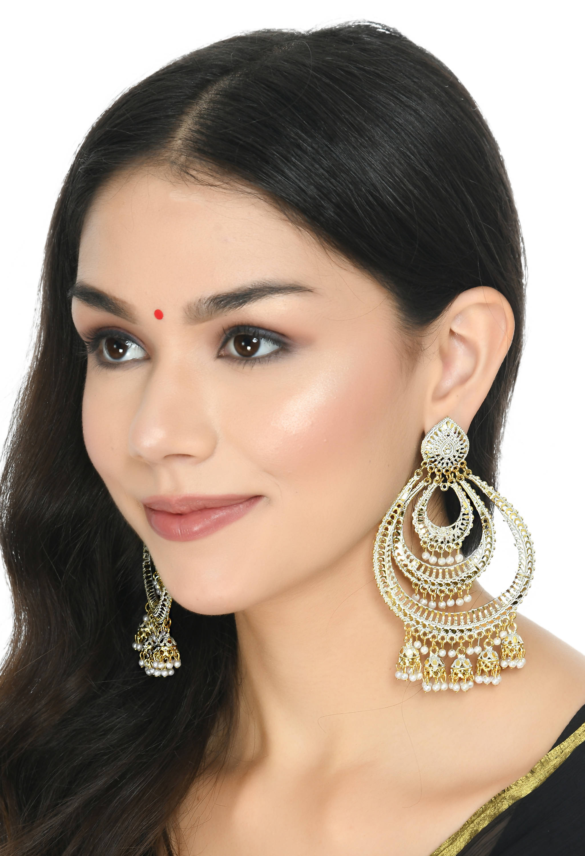 Mominos Fashion Johar Kamal Triple Circle White With Red Golden Big Size Earrings - Distacart
