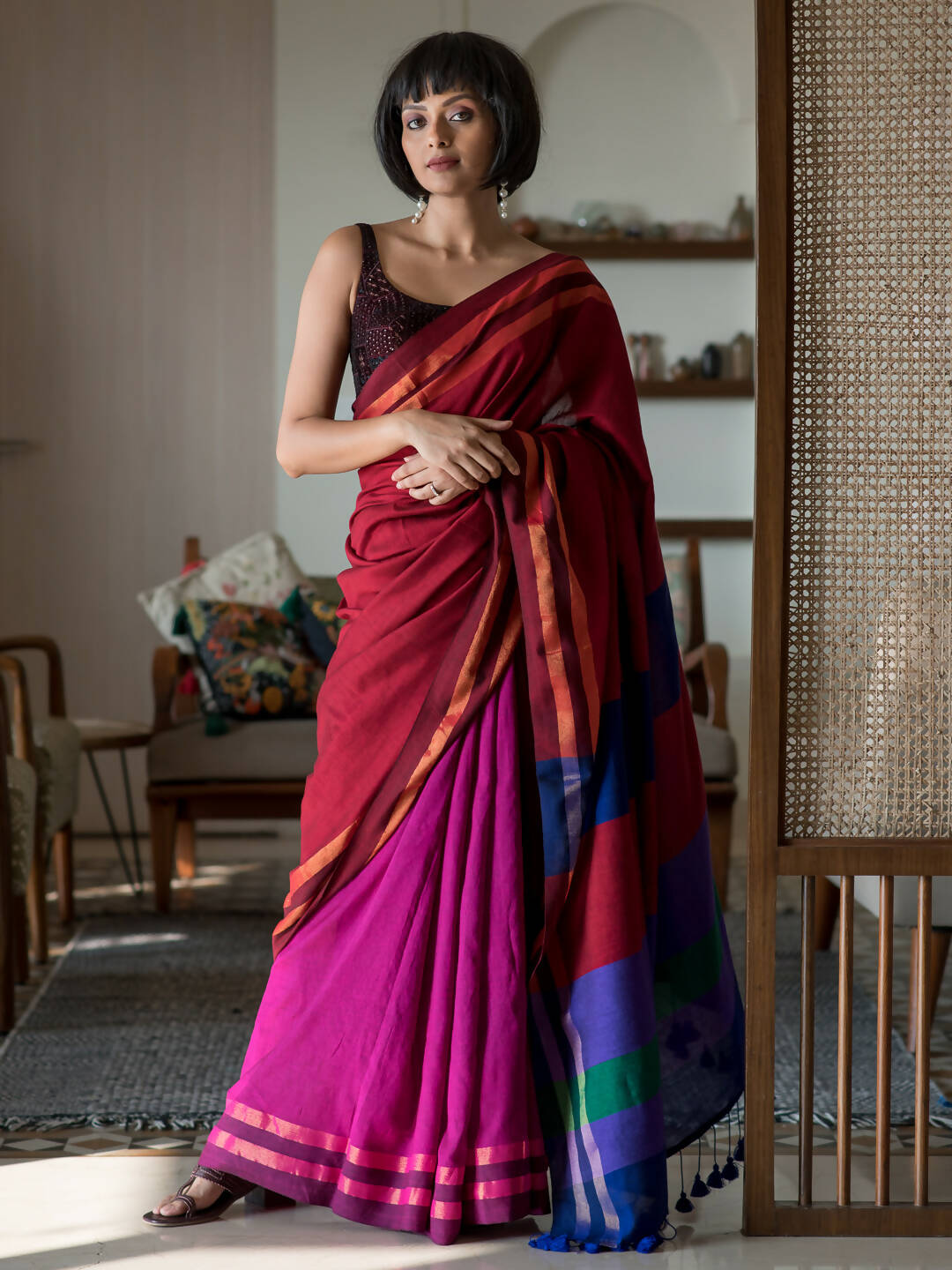 Suta Multi Color Colourblocked Cotton Blend Saree - Distacart