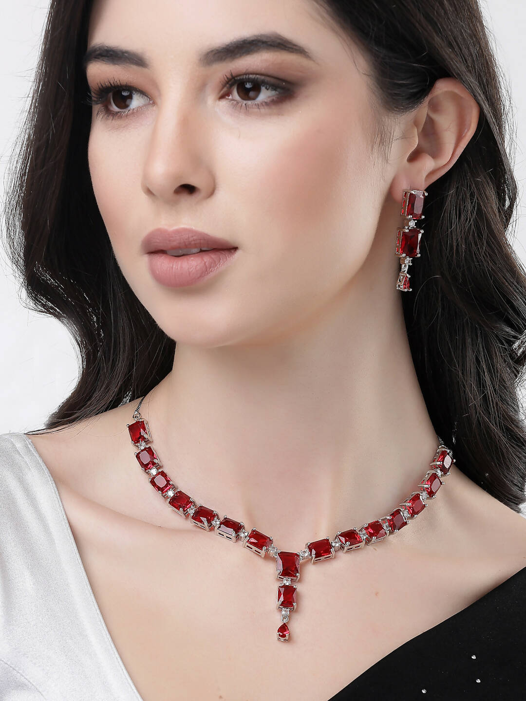 NVR Women Silver Plated & Maroon Cz Stone Handcrafted Jewellery Set - Distacart