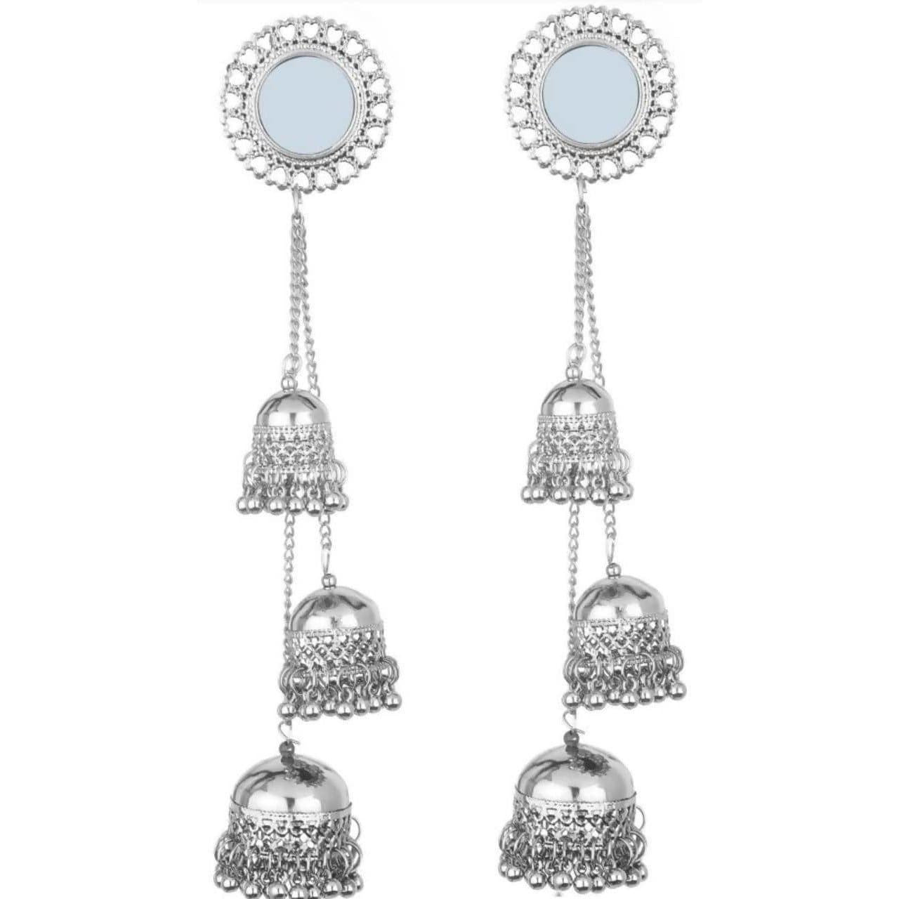 Muskan Fancy Silver Plated Mirror Tribal Long Hook Jhumki Earrings