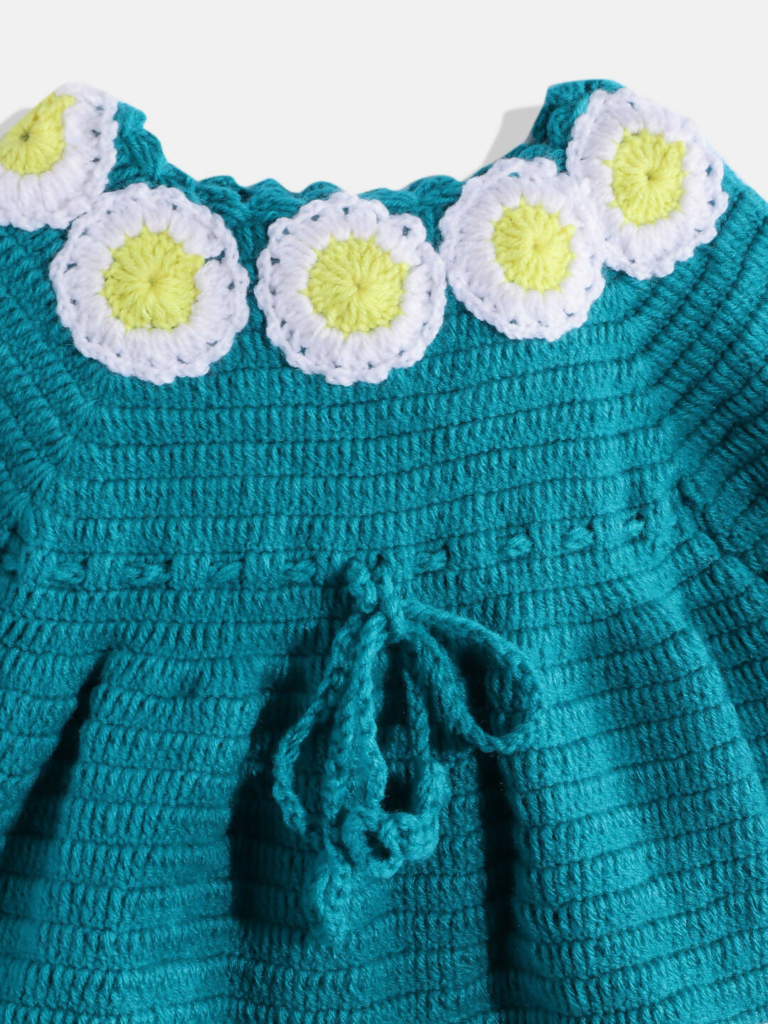 Chutput Kids Woollen Hand Knitted Full Sleeves Daisy Detail Dress - Sea Green - Distacart