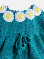 Thumbnail for Chutput Kids Woollen Hand Knitted Full Sleeves Daisy Detail Dress - Sea Green - Distacart
