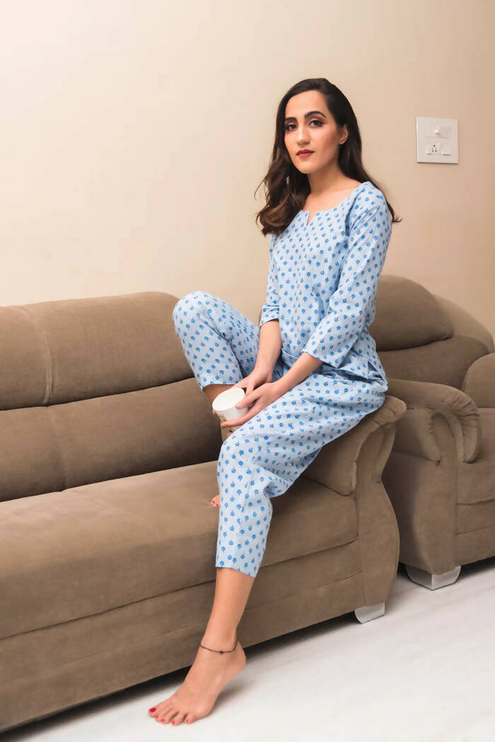 Pomcha Jaipur Dahlia Hand Block Print Cotton Night Set - Distacart