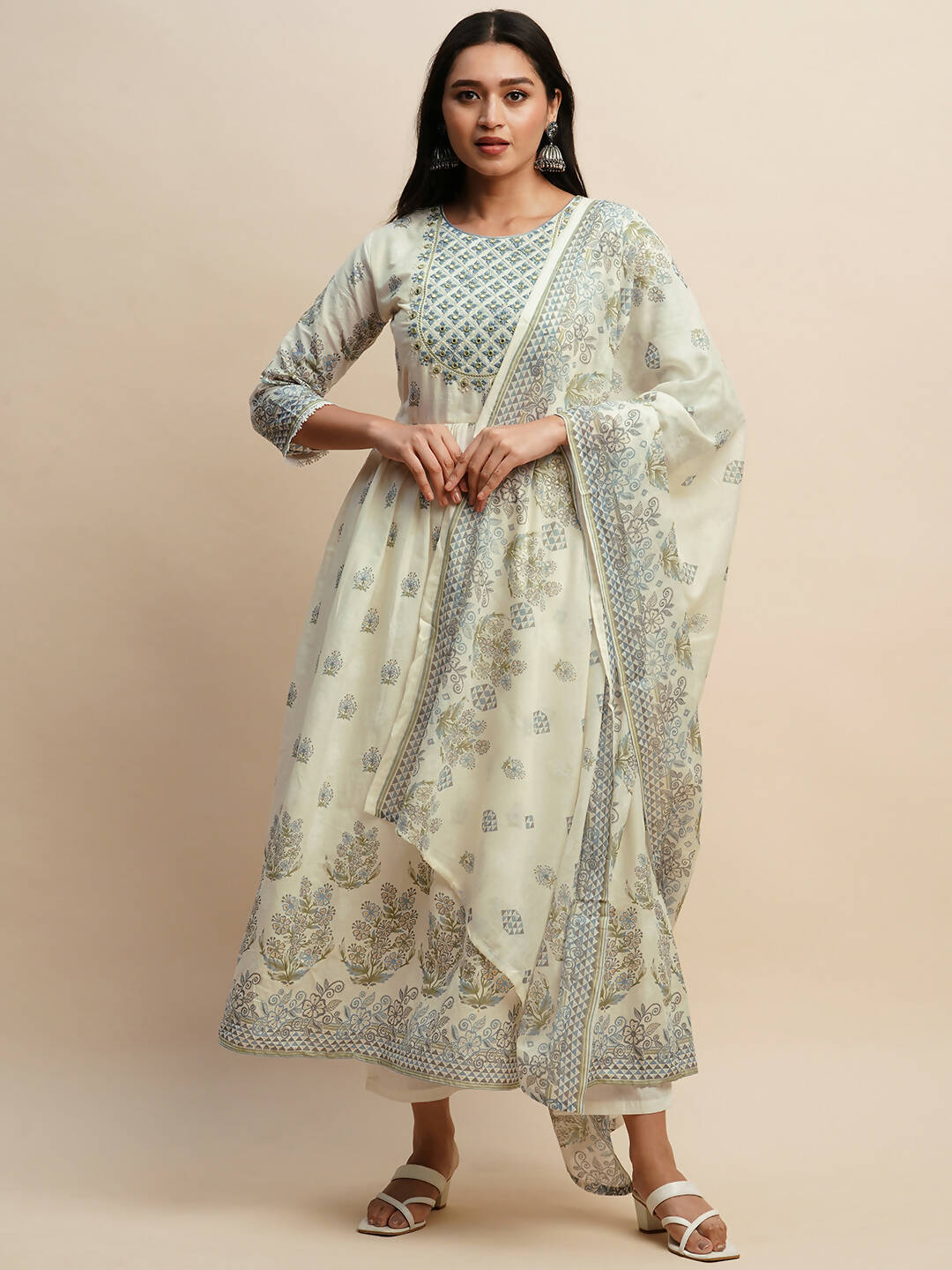 White And Blue Pure Cotton Floral Printed Anarkali Kurta And Bottom With Dupatta - Akashara - Distacart