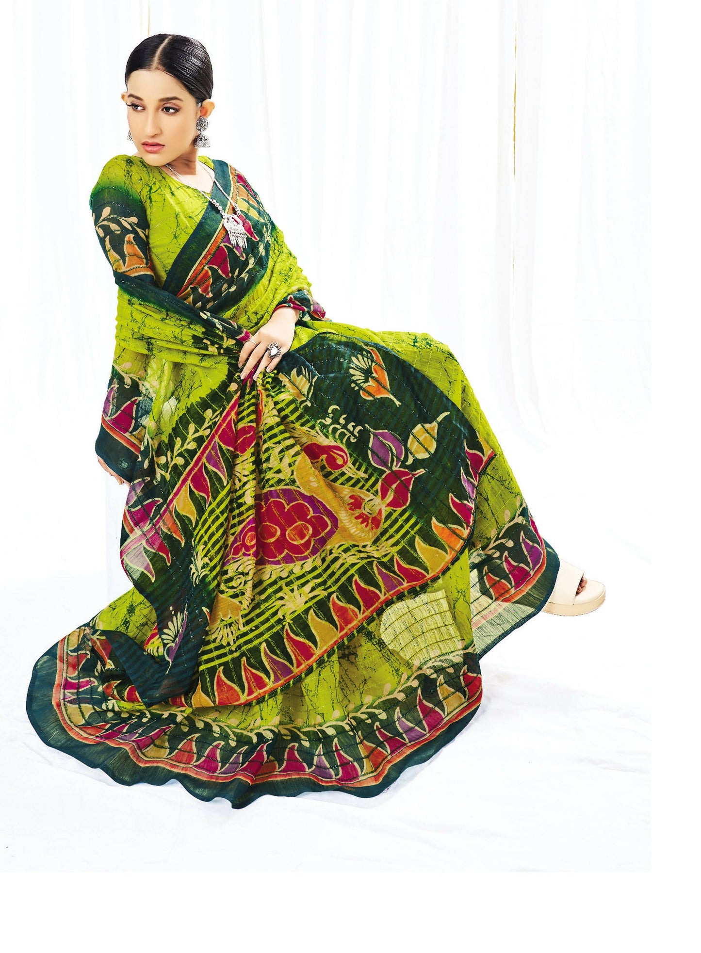 Green Chanderi Cotton Floral Printed Saree With Unstitched Blouse Piece - Kathika - Distacart