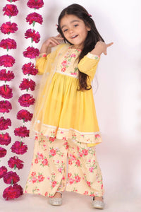 Thumbnail for Little Bansi Rose print Kurta Frock with Floral Plazzo and Dupatta - Yellow