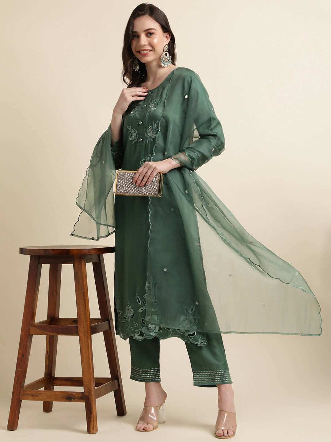 Green Chinon Silk Embroidered Straight Kurta with Trouser & Dupatta - Salimar - Distacart