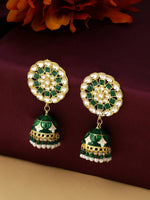 Thumbnail for NVR Women Gold Plated Green Dome Shaped Meenkari Jhumkas Earrings - Distacart