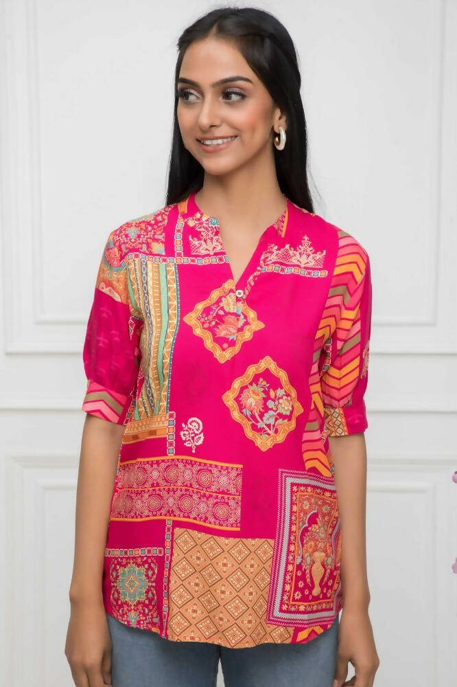 Myshka Women Red Floral Mandarin Collar Regular Sleeves Viscose Rayon Top - Distacart