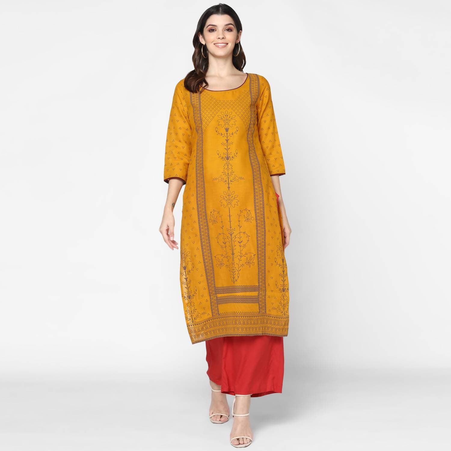 Cheera Hand Block Print Mustard & Red Straight Kurta With Palazzo (MAAI-071K)