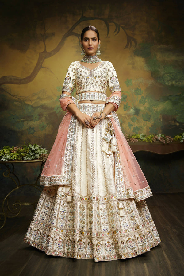 House of Panchhi Off White Pure Silk Moti & Zarkan heavy embroidery Lehenga choli & Dupatta - Distacart