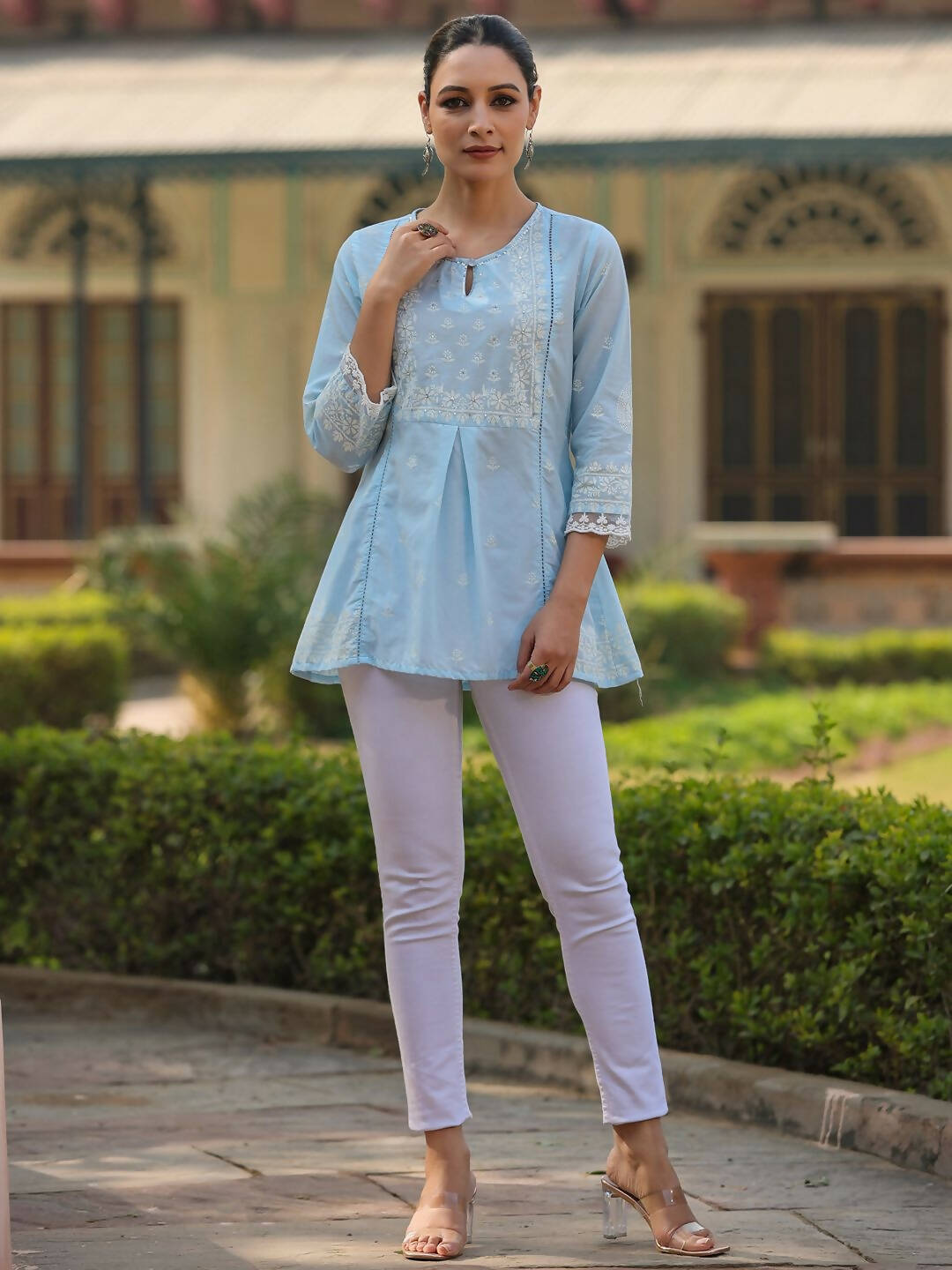 Juniper Women's Powderblue Cambric Floral Printed Tunic - Distacart