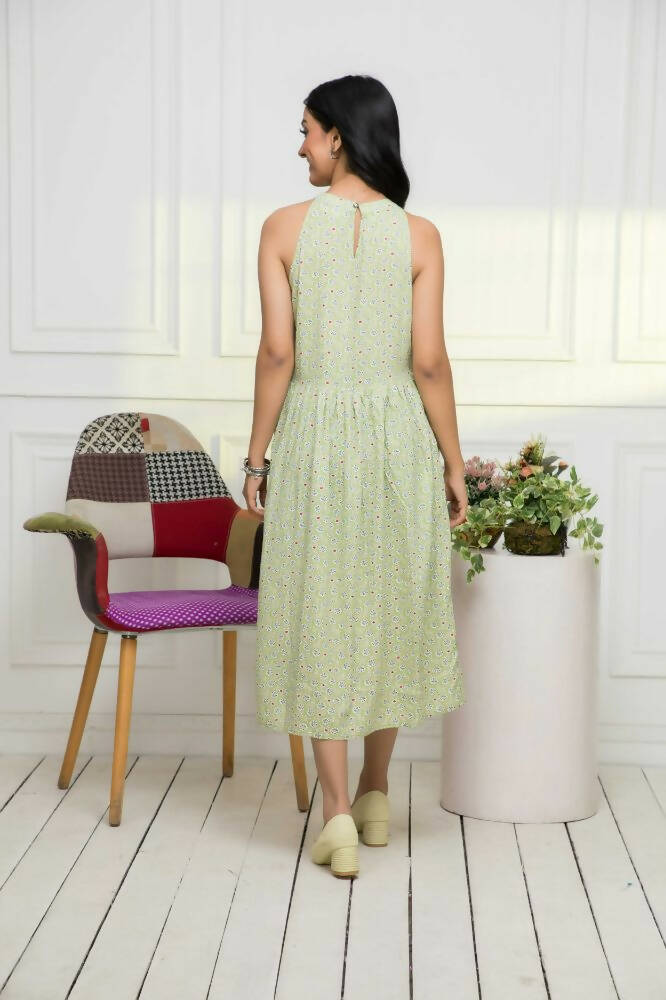 Myshka Women Ethnic Motifs Rayon A-Line Round Neck Green Dress - Distacart