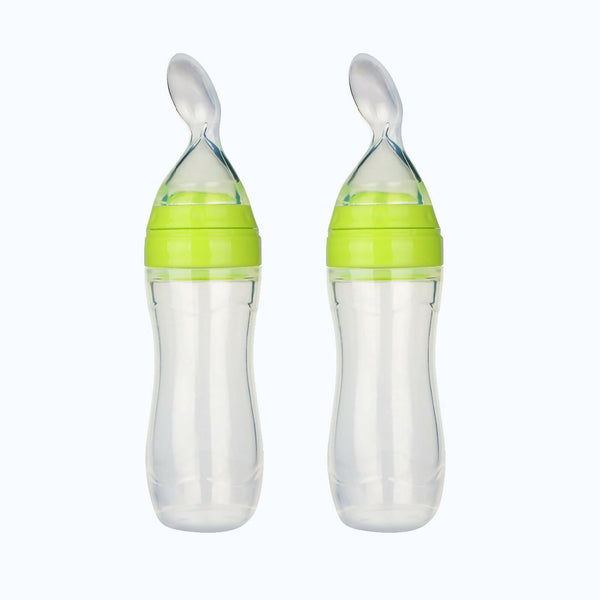Safe-O-Kid Easy Set of 2 Squeezy Silicone Food Feeder Spoon (Soft Tip) Bottle- Green- 90mL - Distacart