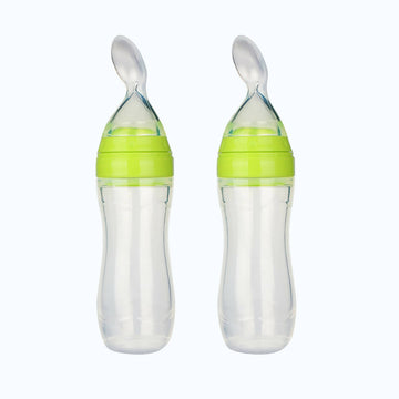 Safe-O-Kid Easy Set of 2 Squeezy Silicone Food Feeder Spoon (Soft Tip) Bottle- Green- 90mL - Distacart