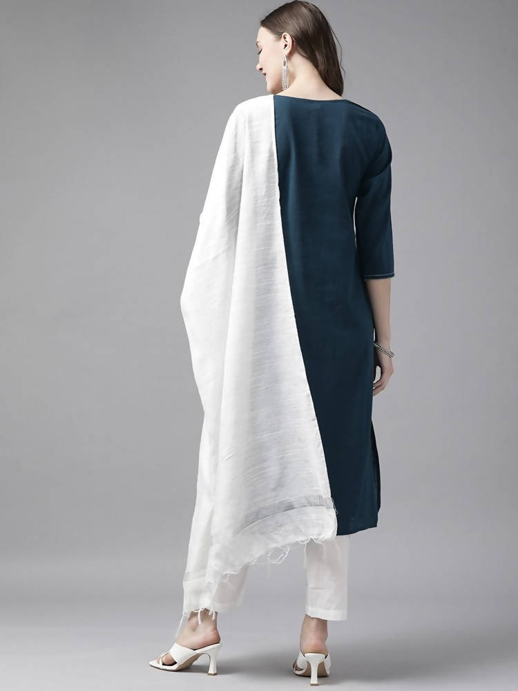 Yufta Women Blue And White Embroidered Kurta with Trouser & With Dupatta