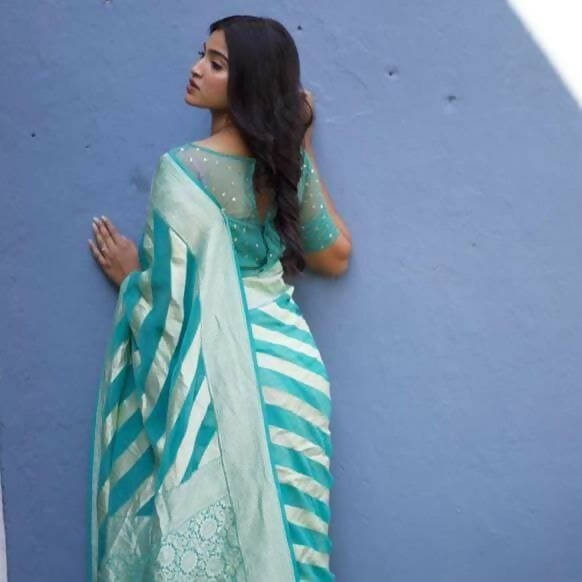 DEIANA'S Beautiful Golden Jari with New Design Soft Lichi Silk Saree - Sky - Distacart