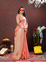 Thumbnail for Lorenvalley Fashion Peach Cotton Woven Design with Zari Weaving Design Saree - Distacart