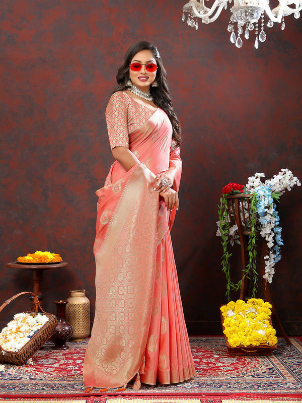 Lorenvalley Fashion Peach Cotton Woven Design with Zari Weaving Design Saree - Distacart