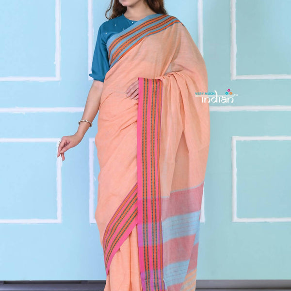 Very Much Indian Traditional Patteda Anchu Ilkal Handloom Saree - Peach Tone - Distacart