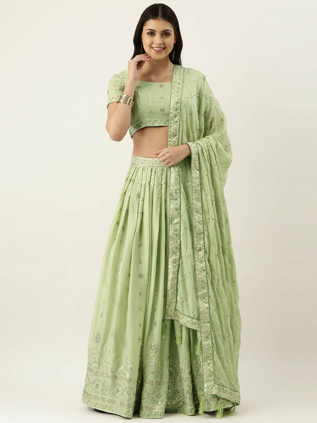 House of Panchhi Pista Green Pure Georgette Embroidered Lehenga & Blouse, Dupatta - Distacart