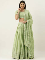 Thumbnail for House of Panchhi Pista Green Pure Georgette Embroidered Lehenga & Blouse, Dupatta - Distacart