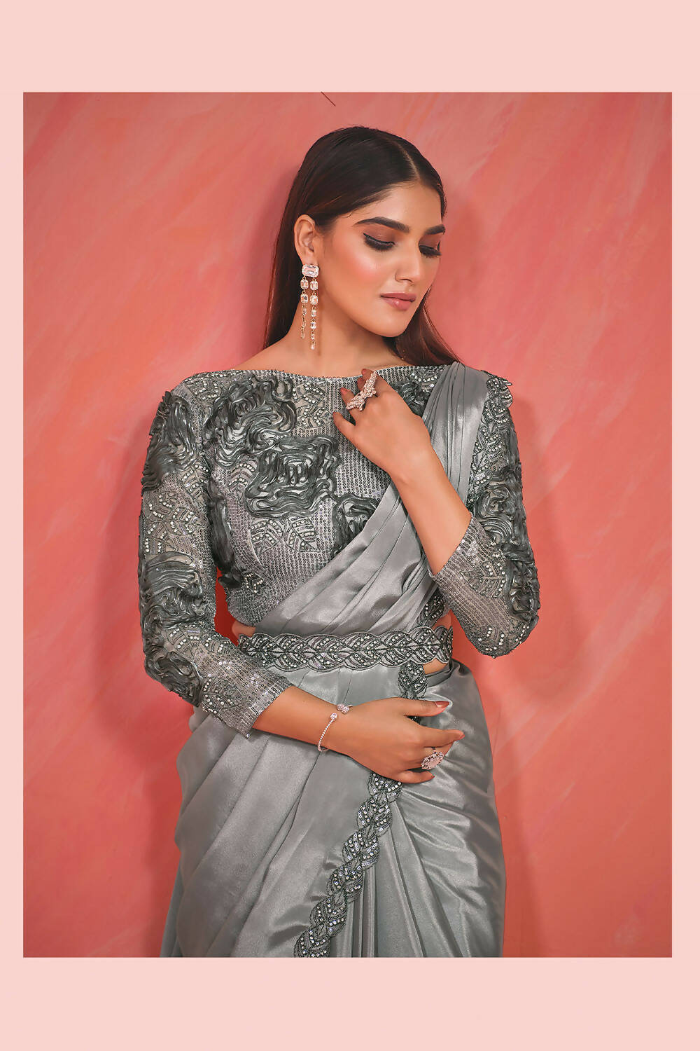 Silver Grey Crepe Silk Satin Cord & Sequence Embroidery with Thread & Stone Work Saree With Stitched Blouse - Mohmanthan Elegancia - Distacart
