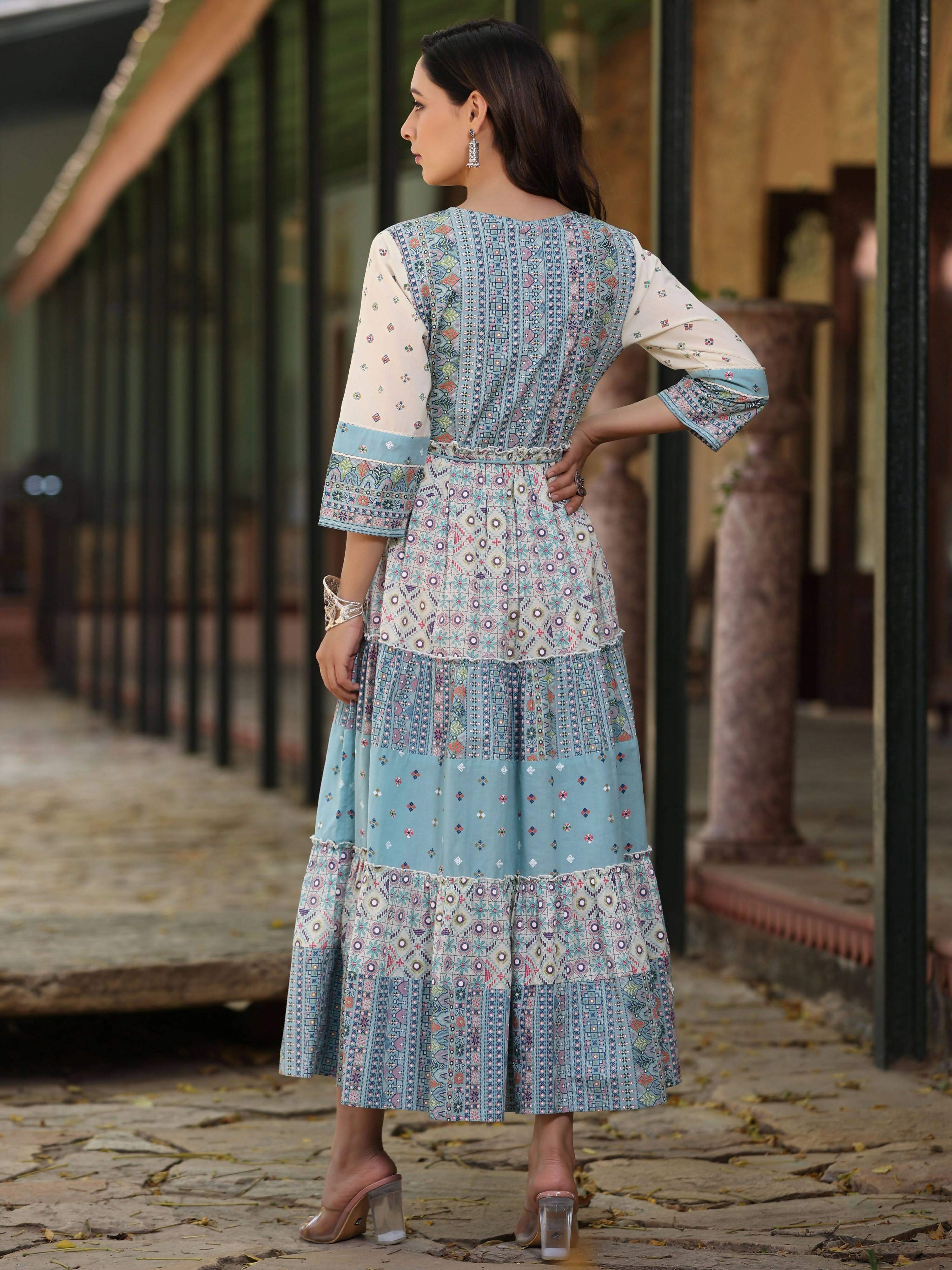 Juniper Women's Blue Cotton Cambric Geometric Printed Tiered Maxi Dress - Distacart