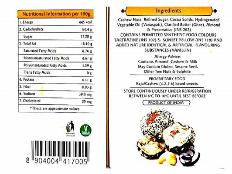 Haldiram's Nagpur Kaju Chocolate Ladoo Nutritional Information