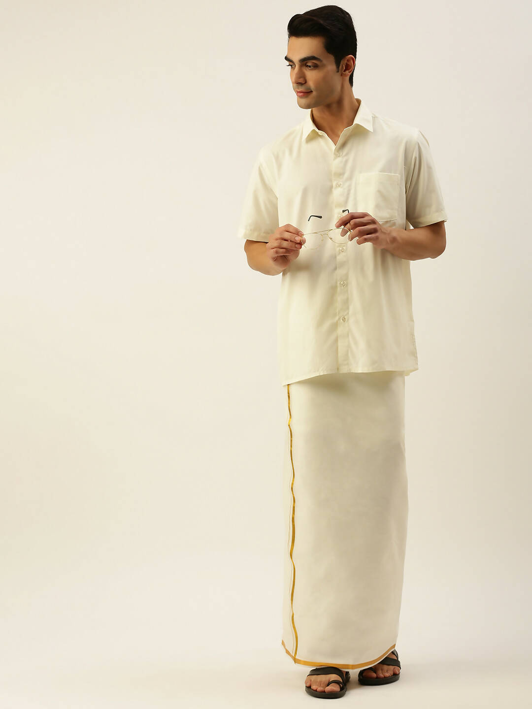 Ramraj Cotton Mens Pure Cotton 1/2 Inch Gold Jari Dhoti - Cream - Distacart