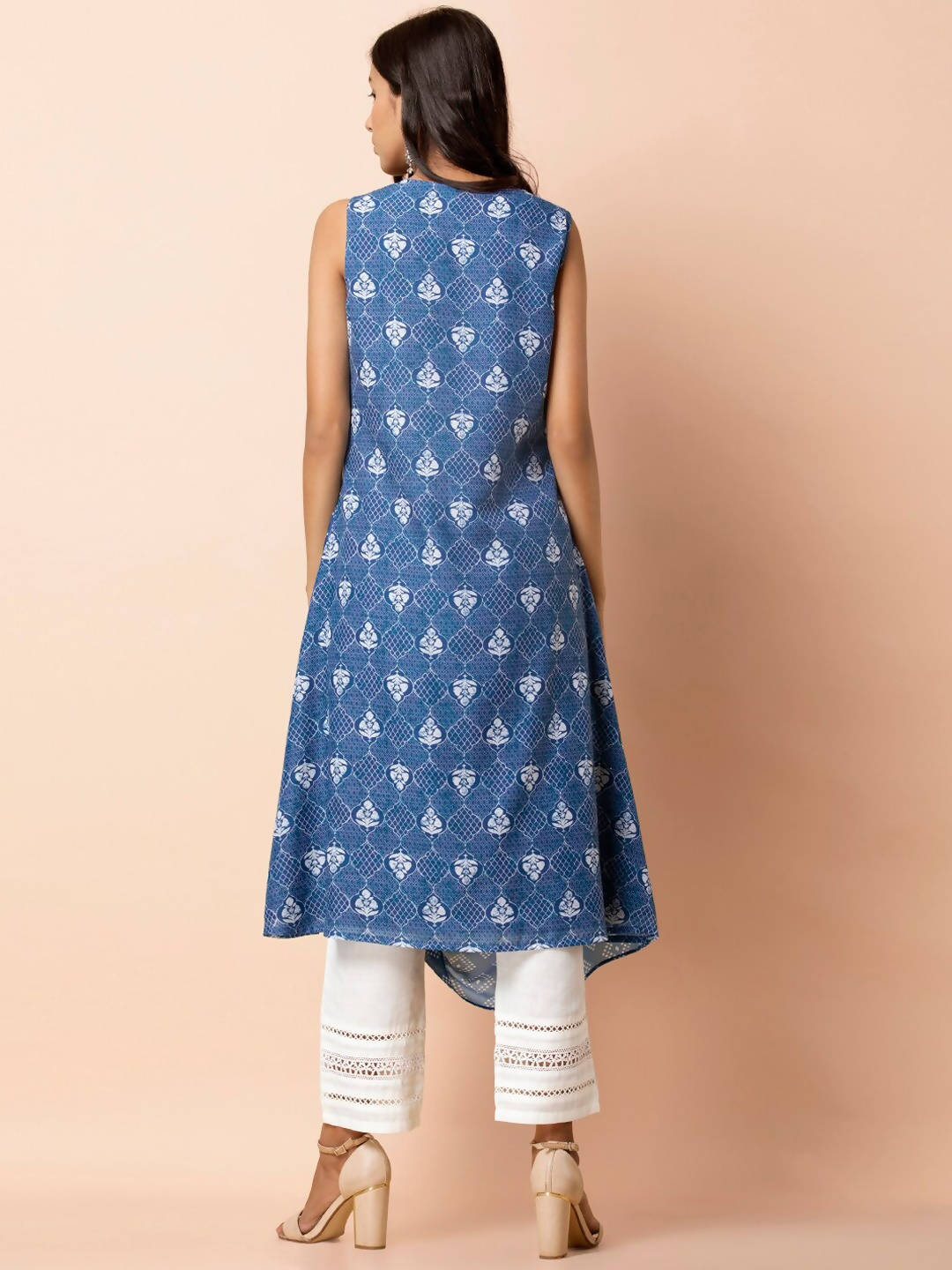 Indya Blue & White Printed A-Line Kurta - Distacart