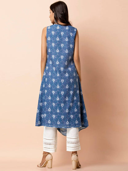 Indya Blue & White Printed A-Line Kurta - Distacart