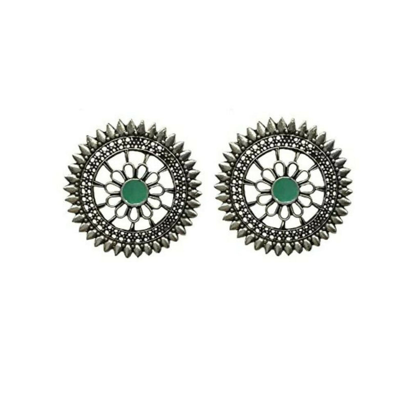 Tiaraa Green Alloy Silver Oxidised Stud Earrings - Distacart
