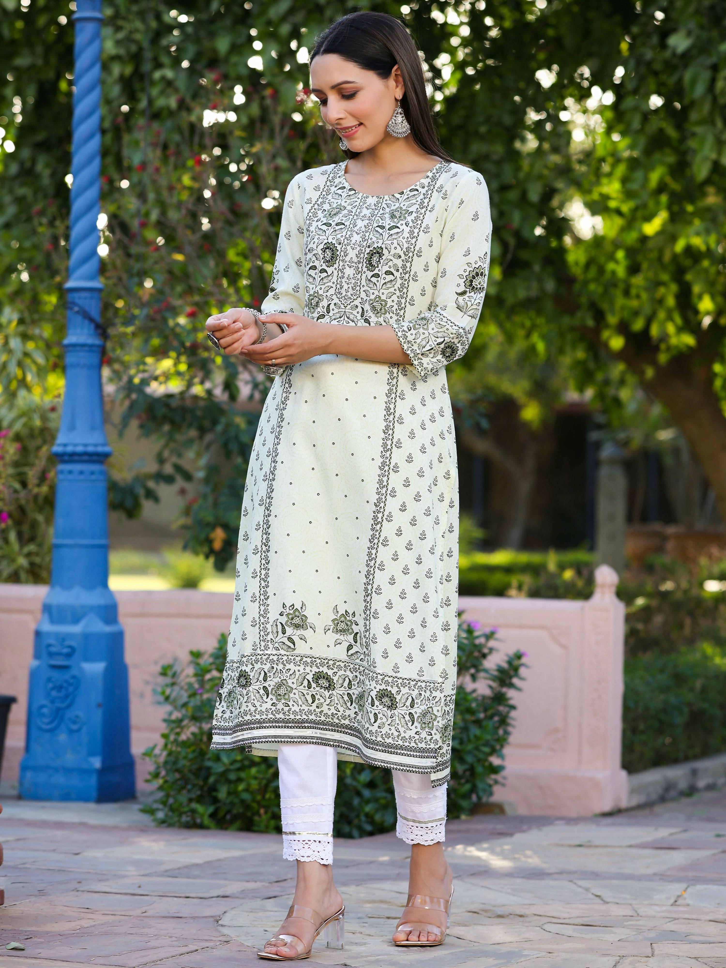 Juniper Women's Green Rayon Staple Kalamkari Floral Placement Printed Kurta - Distacart