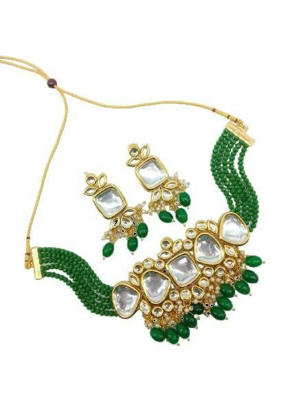 Gold Plated Meenakari Kundan Studded Bridal Green Choker Necklace & Drop Earrings Jewellery Set By House of Ree - Distacart