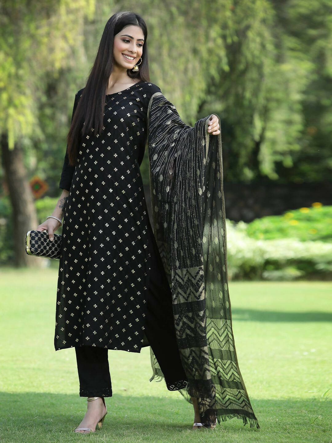 Juniper Women's Black Rayon Embellished Straight Kurta Sets - Distacart