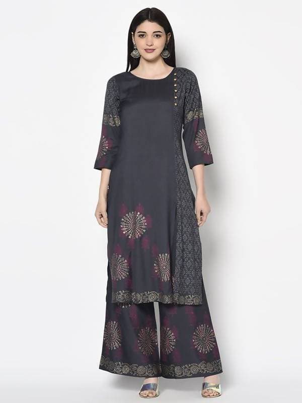 Aniyah Rayon Dark Grey Color Block Print Straight Kurta (AN-203K)